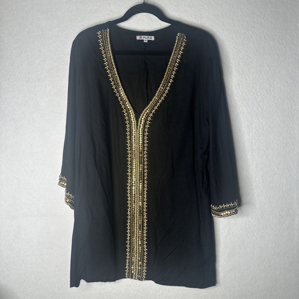 Mira black tunic top gold beaded embellishments boho chic festival size XL